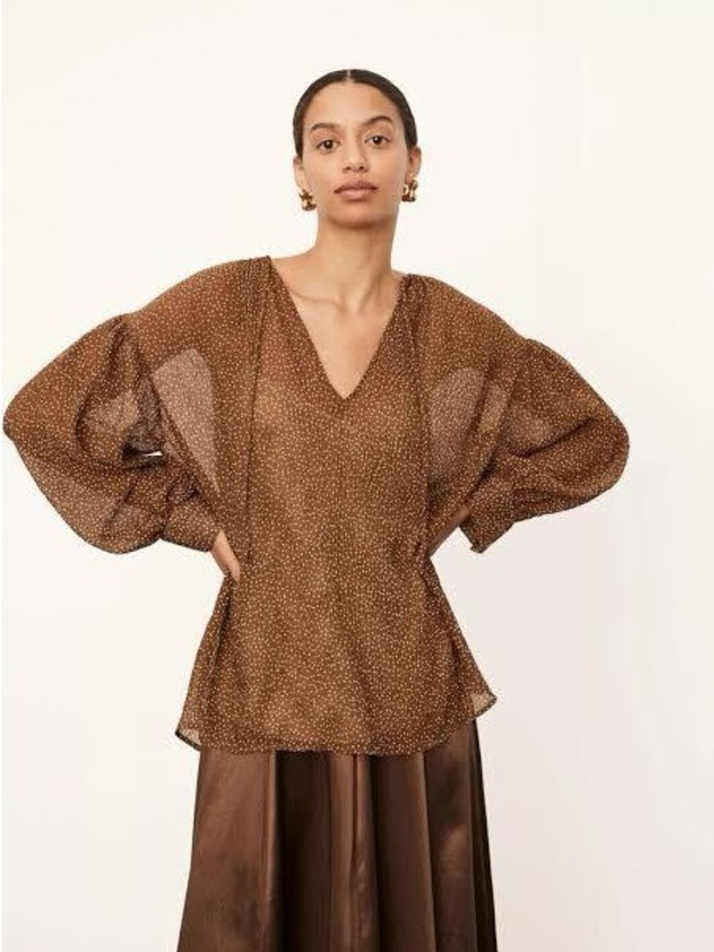 VINCE Starry Dot Tie Neck Blouse brown white long sleeve flowy medium fall